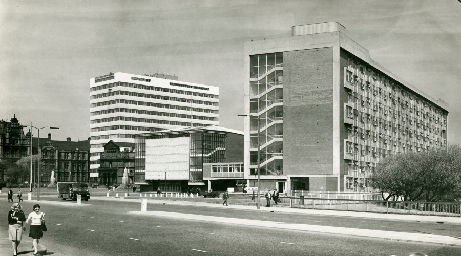 Peel Park campus buildings, looking from The Crescent, c1970s.